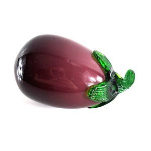 Glass Eggplant Faux Fruit Purple Green Art Glass Paper Weight Decor 6"